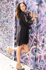 Embroidered Flowers Bohemian Mini Dress Black Tunic