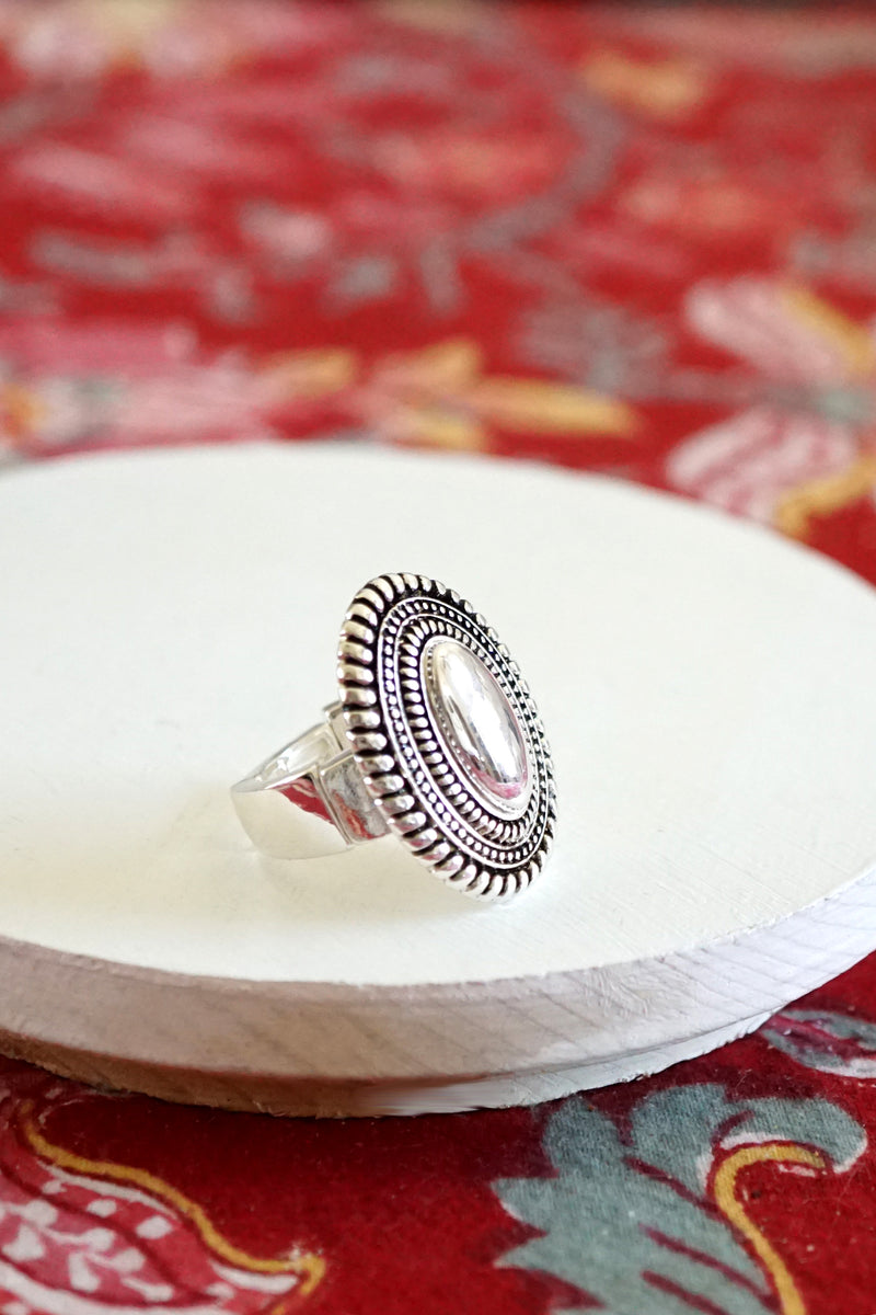 Navajo Concho Inspired Oval Ring in Silver Tone