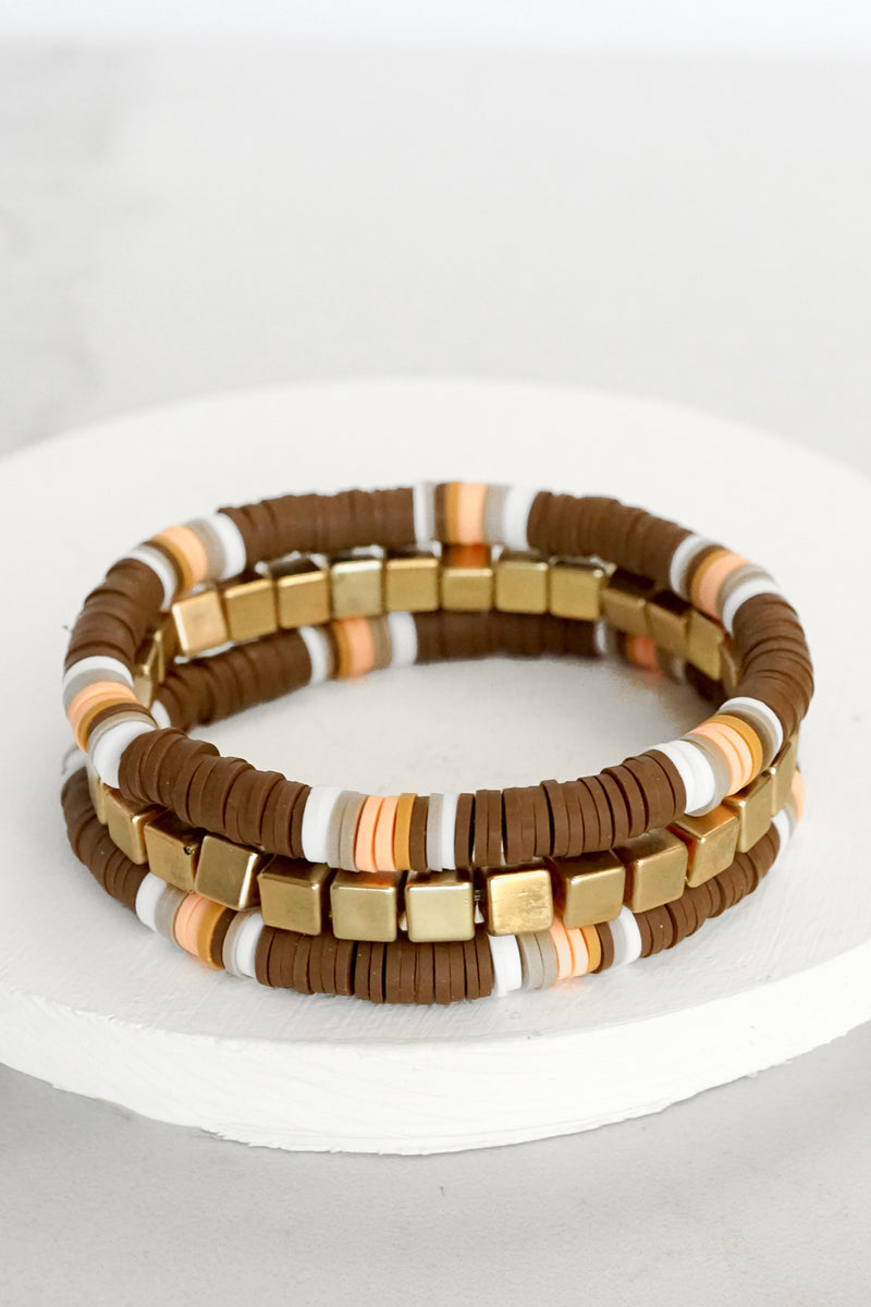 Fall Heishi Bracelet Set in Brown and Gold