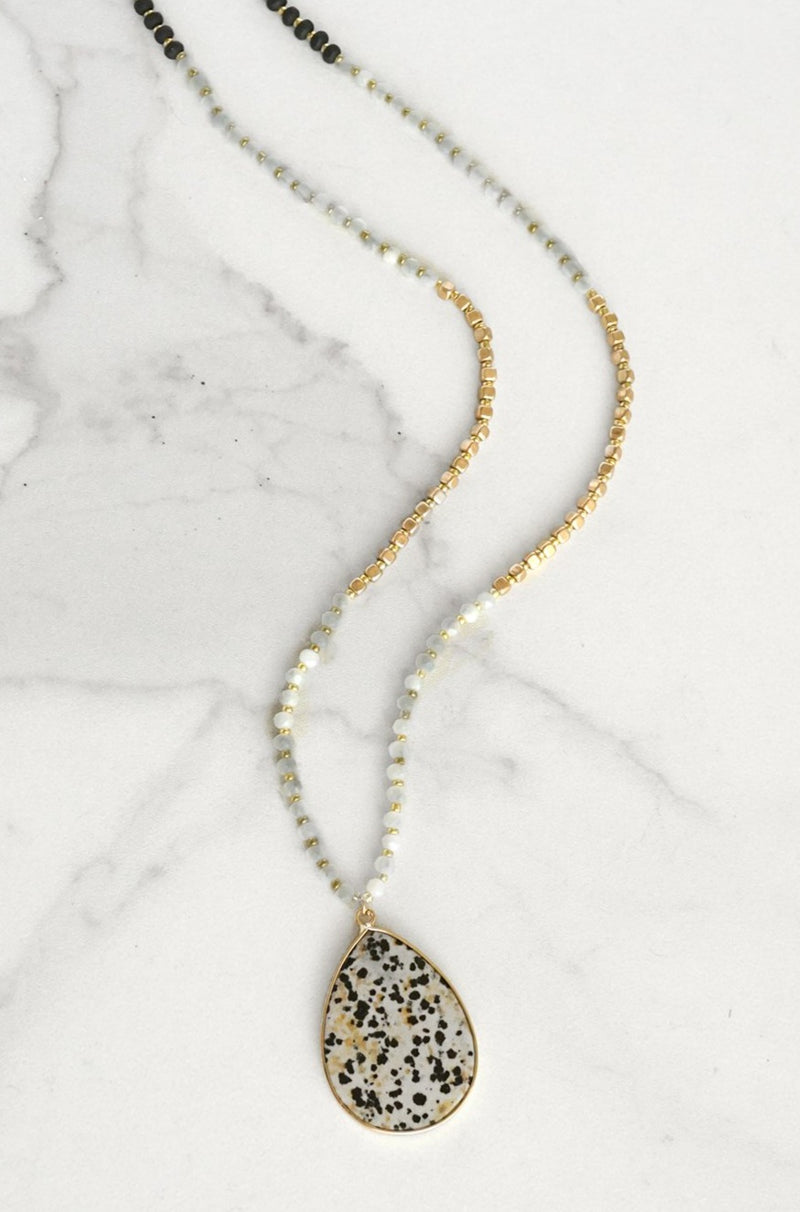 Beaded Necklace with Semi Precious Dalmatian Stone Pendant