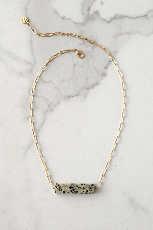 Semi Precious Dalmatian Bar Minimal Gold Tone Necklace