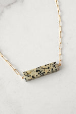 Semi Precious Dalmatian Bar Minimal Gold Tone Necklace