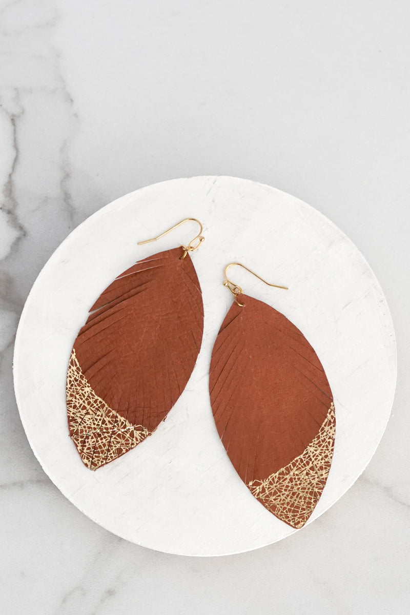 Gold Dipped Leather Brown Leaf Earrings