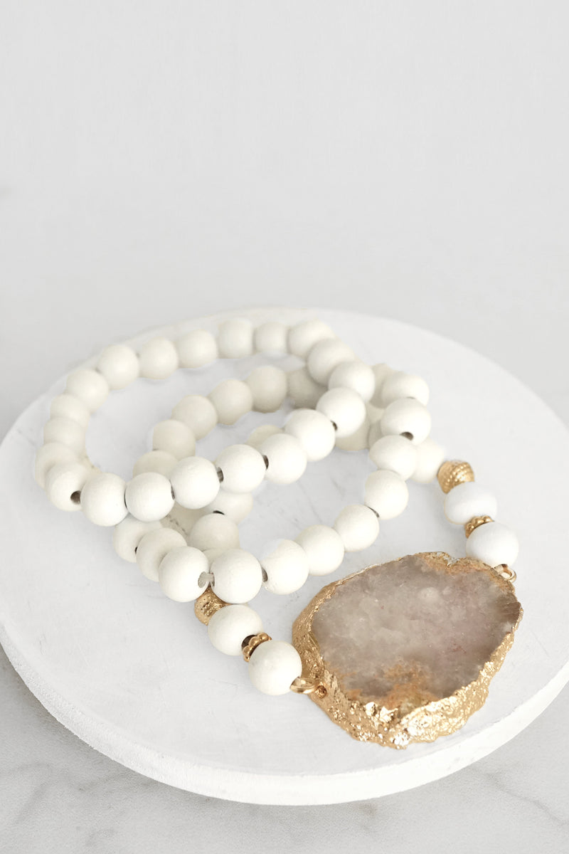 Wooden Beads Sliced Stone Bracelet Set