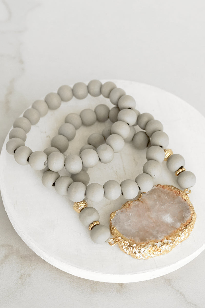 Wooden Beads, Sliced Stone Bracelet Set