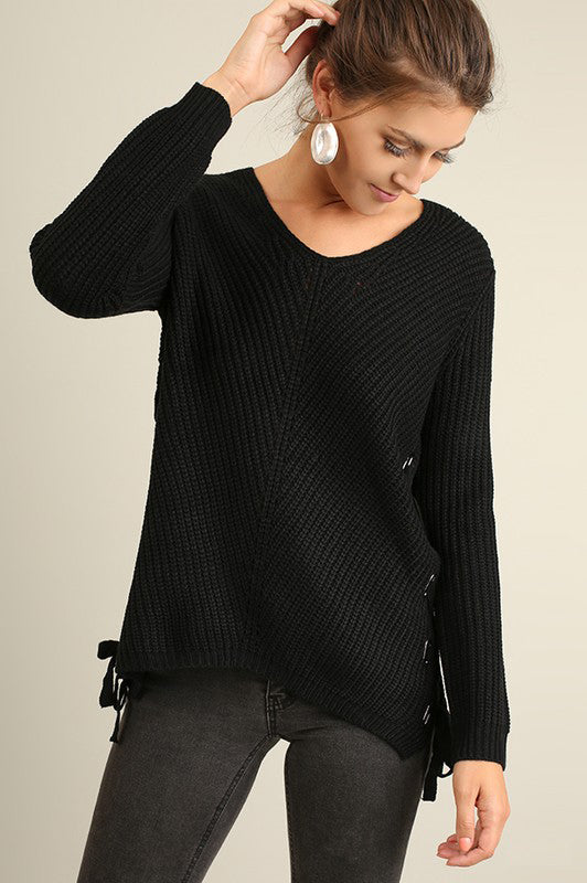 Sweater Long Sleeve with Side Drawstrings - Black