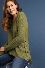 Fall Sweater Long Sleeve with Side Drawstrings - Olive