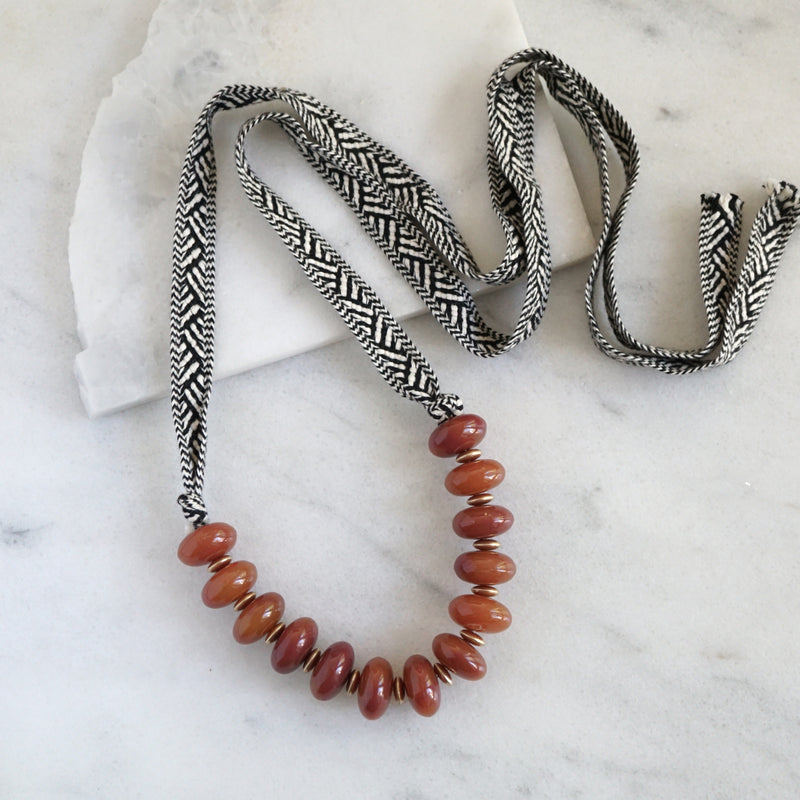 Tie back bohemian necklace with chunky acetate amber beads