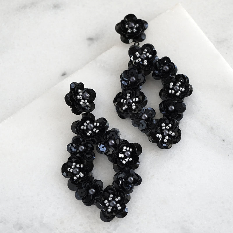 Floral Sequin Statement Earrings in Black