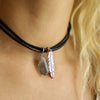 Crystal Leather Choker with Silver Feather Black