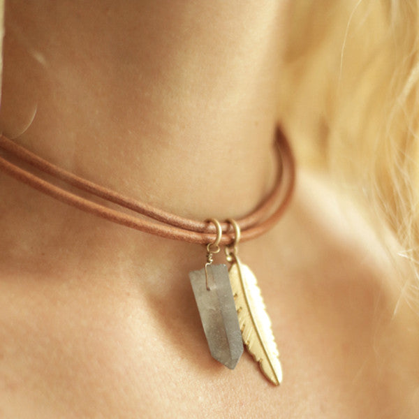 Crystal Leather Choker with Gold Feather Brown