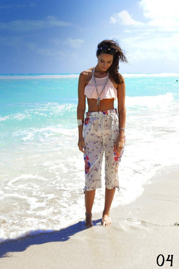 Extra Soft Cotton Trendy Beach Pants - Floral Beige