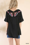 Short Sleeve Blouse Top with Floral Embroidery in Black